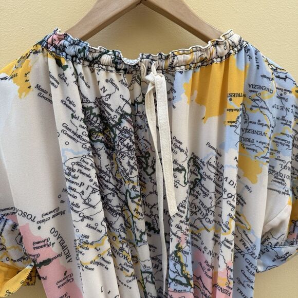 Derek Lam 10 Crosby Map Print T Shirt Midi Dress Italy Short Sleeve Bow Tie Sz 8 - Picture 8 of 11